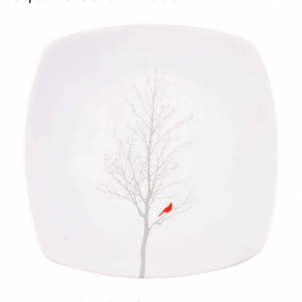 Set of 4 Square 222 Fifth Winter Cardinal Salad / Dessert Plates White. New!